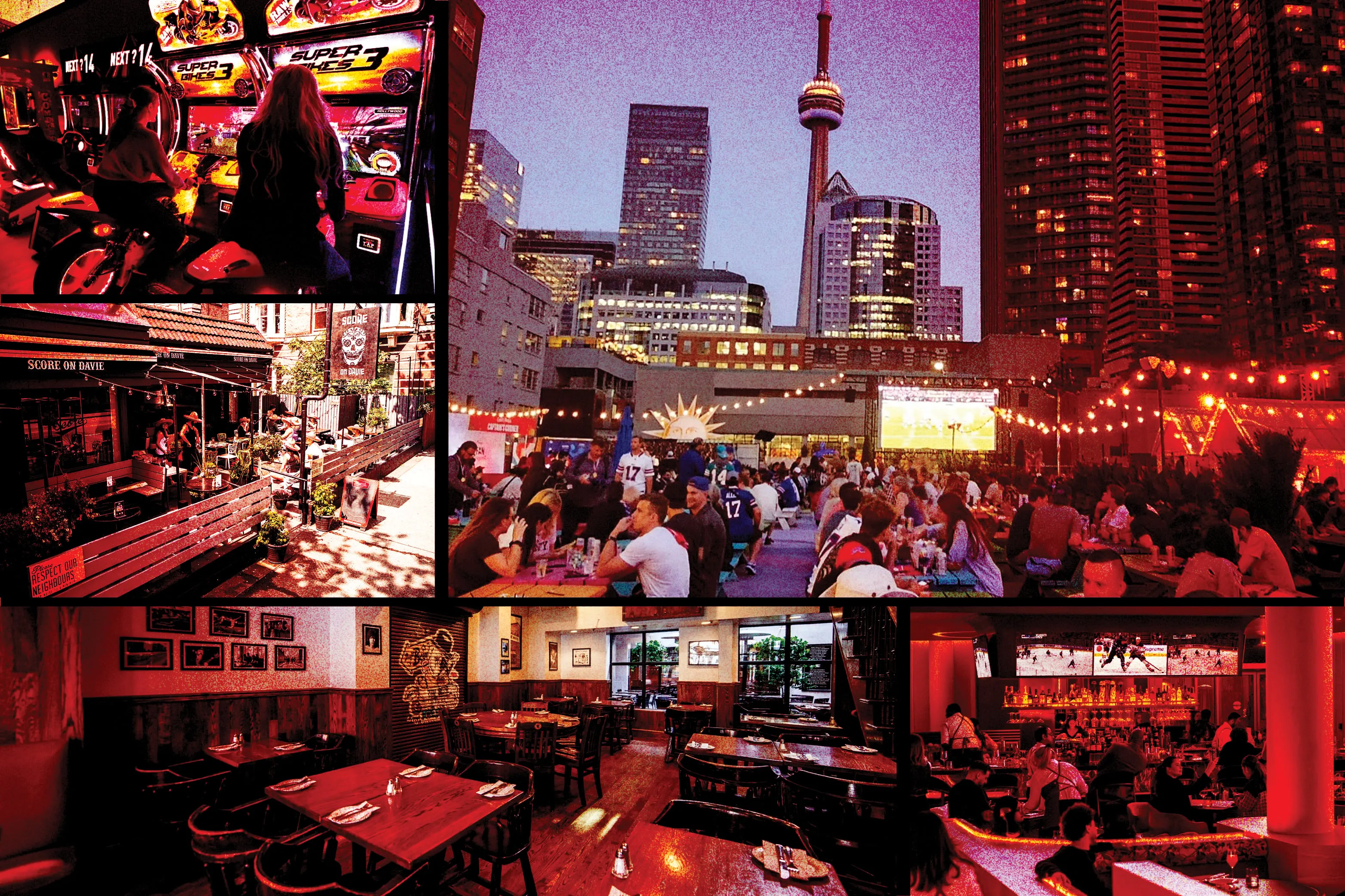 A collage of pictures of the five bars and restaurants (RendezViews, The Play Book Commons, Pub Burgundy Lion, Score on Davie, RendezViews, on clockwise) with grain and burgundy toned filter on it.