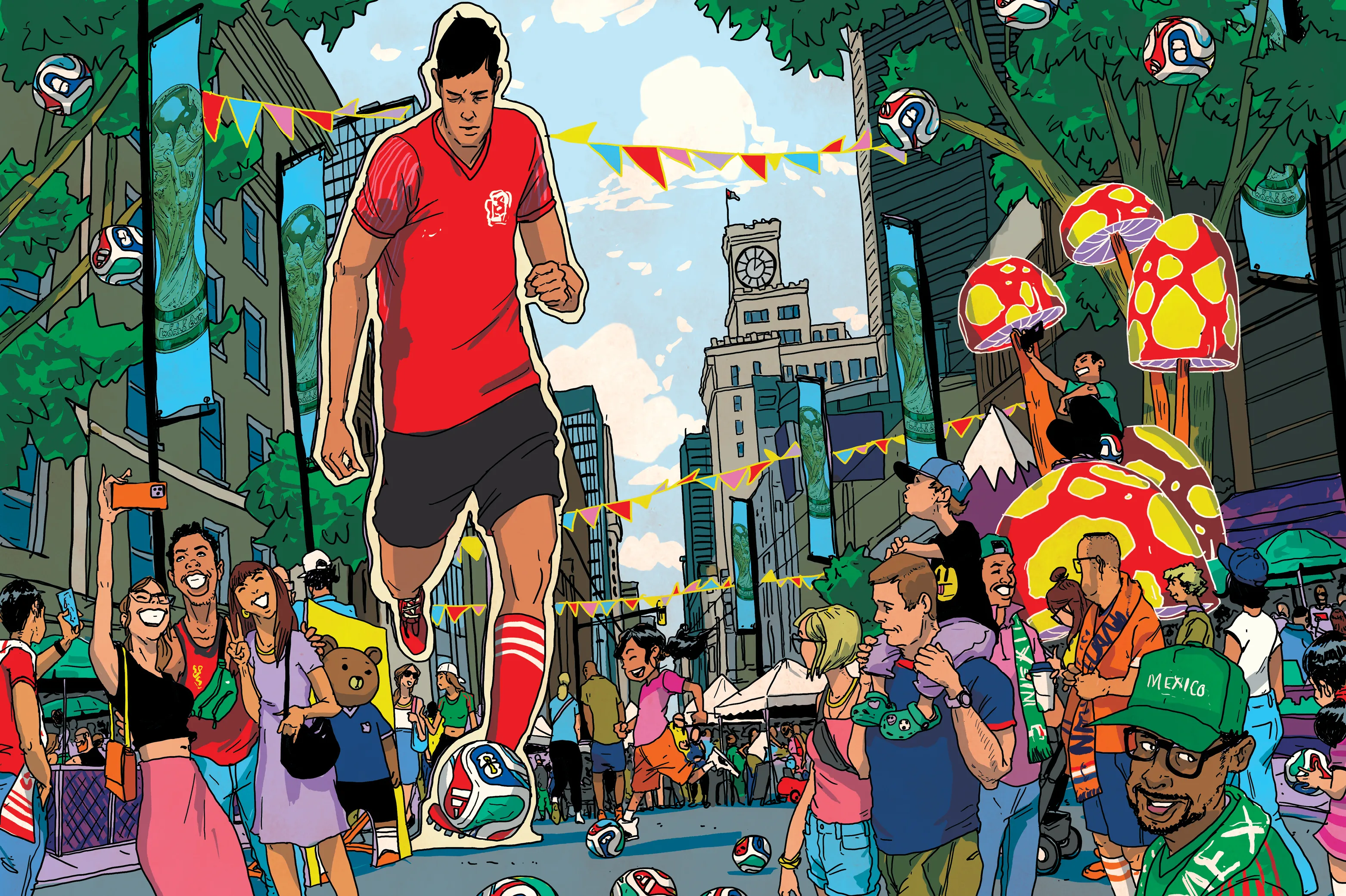 Colourful illustrations of the street celebrating World Cup under the blue sky. Kids, adults, families and friends are smiling at each other and taking pictures besides the trees and big mushrooms. Soccer balls are popping around. A soccer player in the red uniform, dribbling, is being a huge cardboard panel in the centre.
