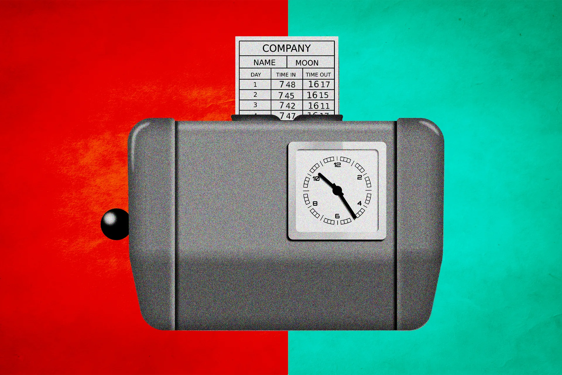 Black and white time clock machine on the background coloured in red and mint green