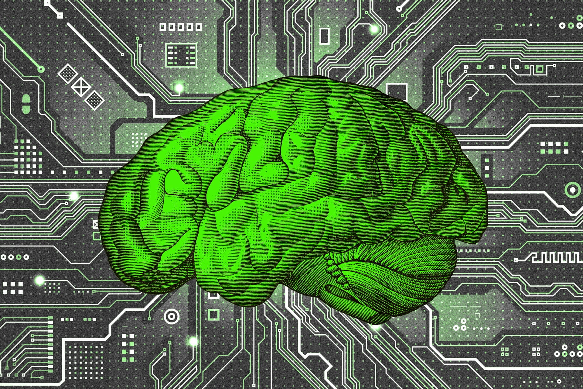 A green brain surrounded by circuitry