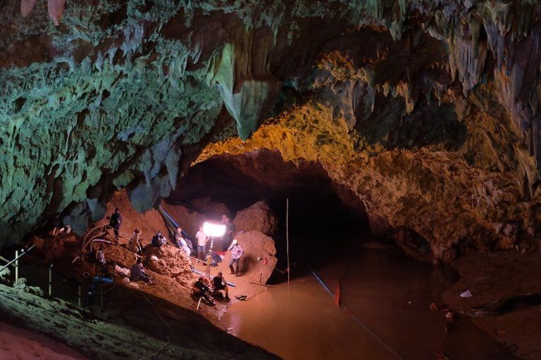 Rescuers install a water pump inside Tham Luang Nang Non cave on June 28, 2018, in Chiang Rai, Thailand. Linh Pham/Getty Images