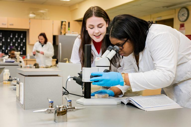 Mount Saint Vincent University students examining a microscope in a lab