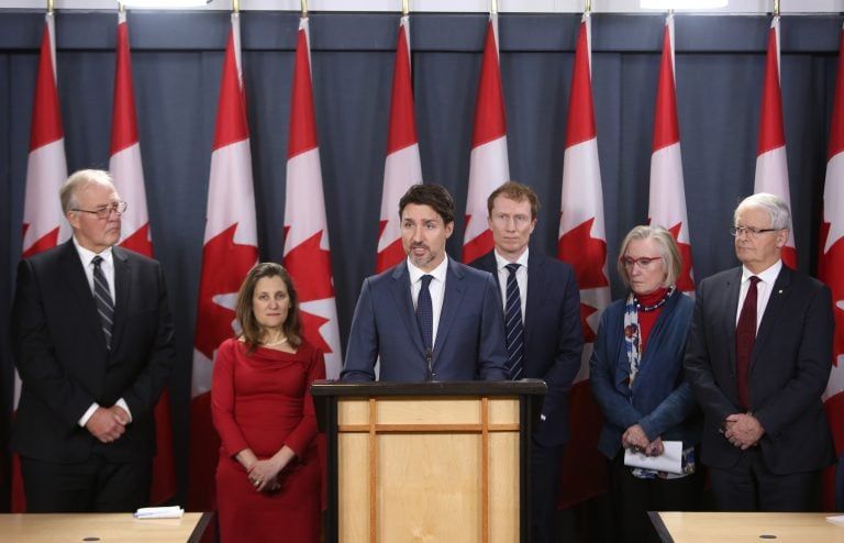 Trudeau holds a news conference with members of his cabinet to discuss the current rail blockades on Feb. 21, 2020 (CP/Fred Chartrand)