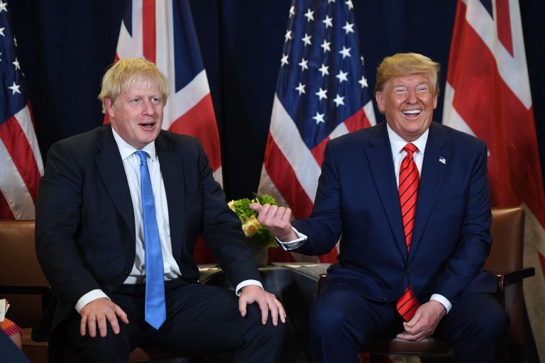U.S. President Donald Trump and British PM Boris Johnson hold a meeting at UN Headquarters in New York, On Sept. 24, 2019 (SAUL LOEB/AFP via Getty Images)