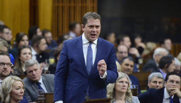 Conservative Leader Andrew Scheer stands during question period in the House of Commons on Parliament Hill in Ottawa on Thursday, Feb. 20, 2020. (Sean Kilpatrick/CP)