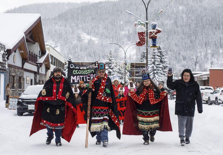 Wet'suwet'en hereditary chiefs from left: Rob Alfred, John Ridsdale and Antoinette Austin, who oppose the Coastal Gaslink pipeline, take part in a rally in Smithers B.C. in January (Jason Franson/CP)