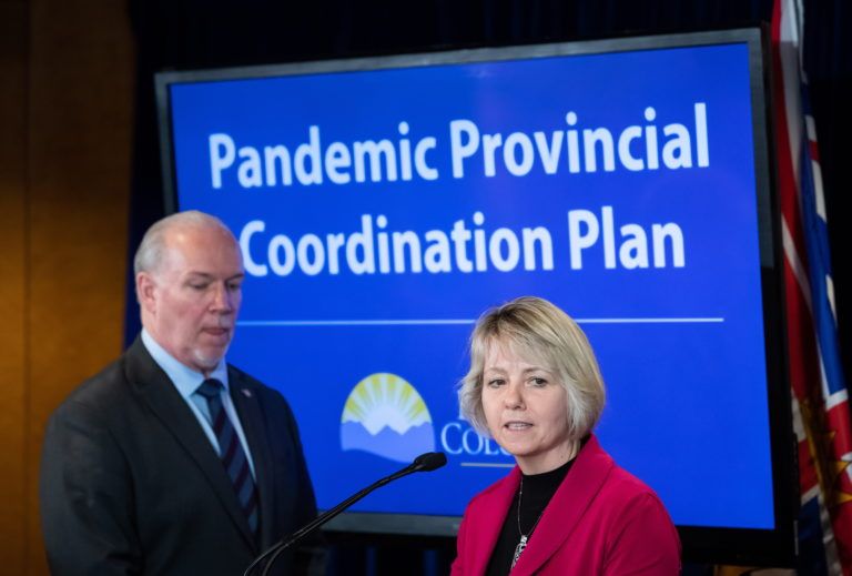 B.C. health officer Dr. Bonnie Henry responds to questions with Premier John Horgan during a news conference about the response to the coronavirus, in Vancouver on March 6, 2020 (CP/Darryl Dyck)