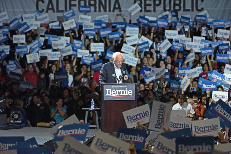 Sanders speaks at a campaign rally at the Los Angeles Convention Center on March 1, 2020 (Michael Tullberg/Getty Images)