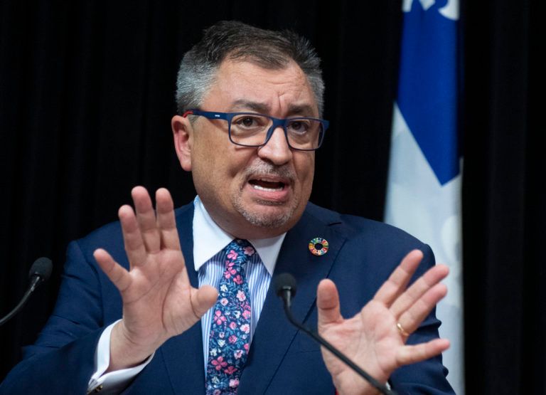 Horacio Arruda, Quebec director of National Public Health responds to reporters during a news conference on the COVID-19 pandemic, Tuesday, March 31, 2020 at the legislature in Quebec City. THE CANADIAN PRESS/Jacques Boissinot