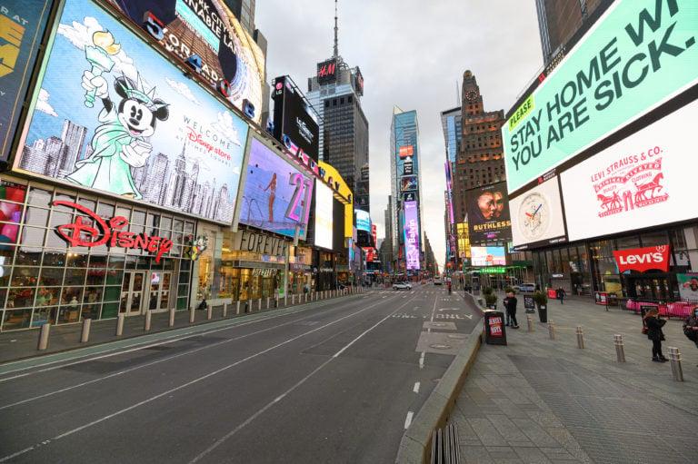 A view of Times Square hours ahead of the implementation of 'New York State on PAUSE' executive order as the coronavirus continues to spread across the United States on March 22, 2020, in New York City. The World Health Organization declared coronavirus (COVID-19) a global pandemic on March 11th. (Photo by Noam Galai/Getty Images)