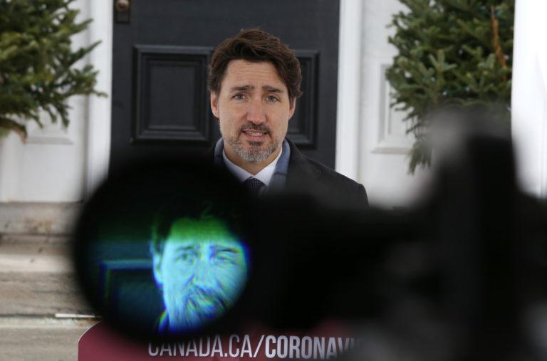 Canadian Prime Minister Justin Trudeau speaks during a news conference on COVID-19 situation in Canada from his residence March 24, 2020 in Ottawa, Canada. - Bombardier said March 24 it will halt its aircraft and trains assembly lines in Canada after Quebec and Ontario ordered all non-essential businesses shut to stem the coronavirus pandemic. (Photo by Dave Chan / AFP) (Photo by DAVE CHAN/AFP via Getty Images)