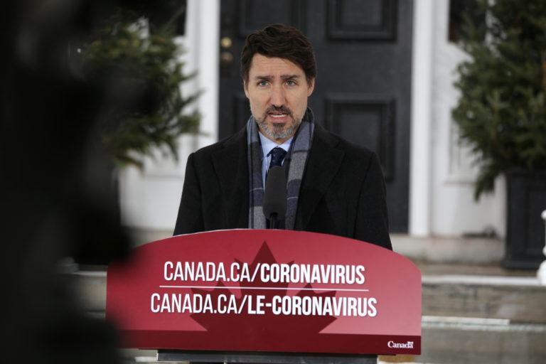 Prime Minister Justin Trudeau speaks during a news conference on COVID-19 situation in Canada from his residence March 23 in Ottawa. (Dave Chan / AFP/ Getty Images)