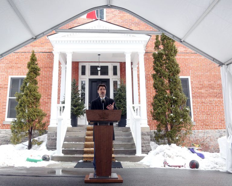Canadian Prime Minister Justin Trudeau speaks during a news conference on COVID-19 situation in Canada from his residence March 17, 2020 in Ottawa, Canada. - Canada is closing its borders to most foreigners -- excluding Americans -- in a bid to stem the coronavirus pandemic, Prime Minister Justin Trudeau announced on March 16, 2020. "All Canadians, as much as possible, should also stay home," he told a news conference outside his home, where he and his family are self-isolating after his wife Sophie tested positive for COVID-19. (Photo by Dave Chan / AFP) (Photo by DAVE CHAN/AFP via Getty Images)