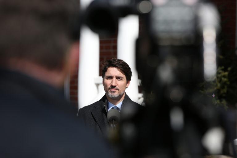 Canadian Prime Minister Justin Trudeau speaks during a news conference on COVID-19 situation in Canada from his residence on March 16, 2020 in Ottawa, Canada. - Prime Minister Justin Trudeau announced that Canada is closing its borders to foreign travellers, except Americans, in order to slow the spread of the new coronavirus. (Photo by Dave Chan / AFP) (Photo by DAVE CHAN/AFP via Getty Images)