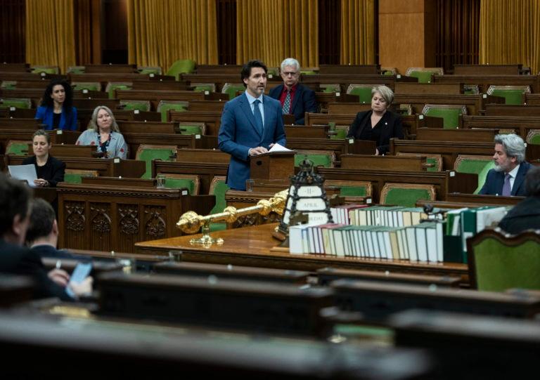 Trudeau rises in the House of Commons to discuss measures related to the COVID-19 pandemic, on April 11, 2020 (CP/Justin Tang)