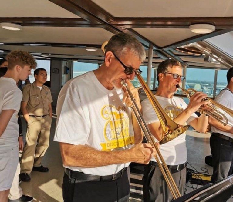 Rick playing the trombone on the Sea Princess cruise ship (Courtesy of Rick Pauzé)