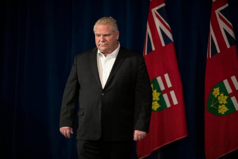 Ontario Premier Doug Ford attends his daily briefing at the Queen's Park Legislature in Toronto on Saturday, April 18, 2020. THE CANADIAN PRESS/Chris Young