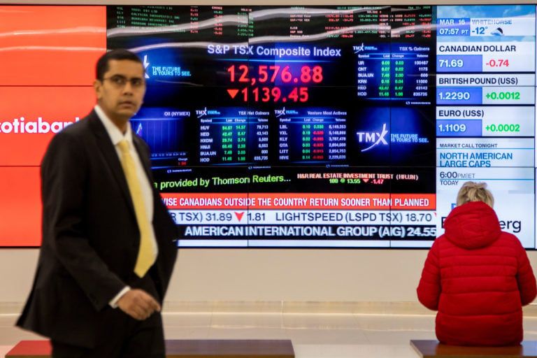 Monitors display the S&P AND TSX composite index in the financial district as the number of novel coronavirus cases continues to grow in Toronto, Ontario, Canada March 16, 2020. (Carlos Osorio/Reuters)