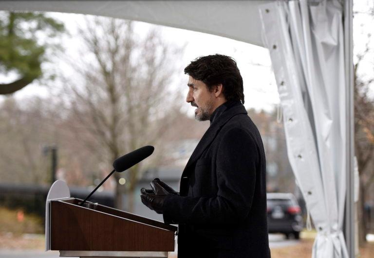 Prime Minister Justin Trudeau speaks during his daily press conference on the COVID-19 pandemic outside of his residence at Rideau Cottage in Ottawa, on Sunday, April 5, 2020. THE CANADIAN PRESS/Justin Tang