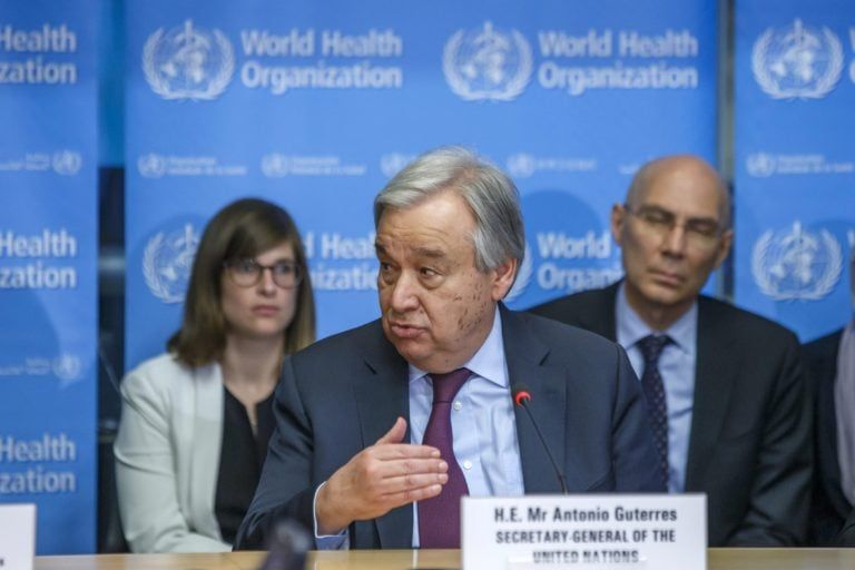 United Nations (UN) Secretary-General Antonio Guterres speaks on the situation regarding the COVID-19, praising China's contribution to the global fight against COVID-19 at the World Health Organization (WHO) in Geneva on Feb. 24, 2020. (Salvatore Di Nolfi/Xinhua via ZUMA Wire/CP)
