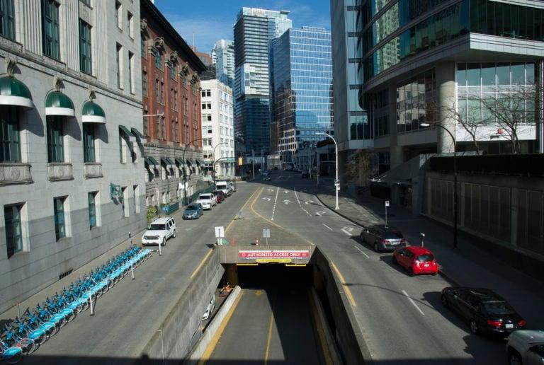 Near empty streets are pictured in downtown Vancouver on Apr. 6, 2020. (Jonathan Hayward/CP)