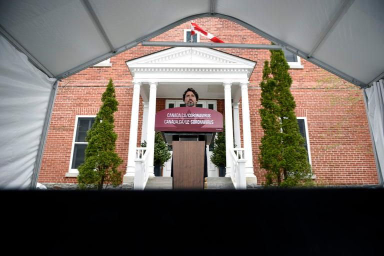 Prime Minister Justin Trudeau speaks during his daily news conference on the COVID-19 pandemic outside his residence at Rideau Cottage in Ottawa, on Monday, May 4, 2020. THE CANADIAN PRESS/Justin Tang
