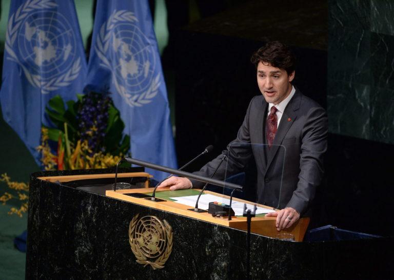 Prime Minister Justin Trudeau speaks at the signing ceremony for the Paris Agreement on climate change at the United Nations headquarters in New York on April 22, 2016. (Sean Kilpatrick/CP)