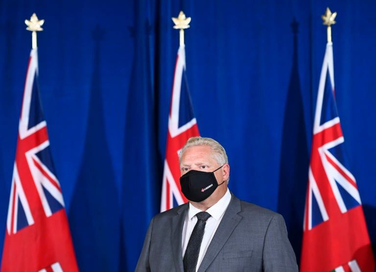 Ontario Premier Doug Ford listens to questions from the media at Queen's Park during the COVID-19 pandemic in Toronto on Monday, September 28, 2020. THE CANADIAN PRESS/Nathan Denette