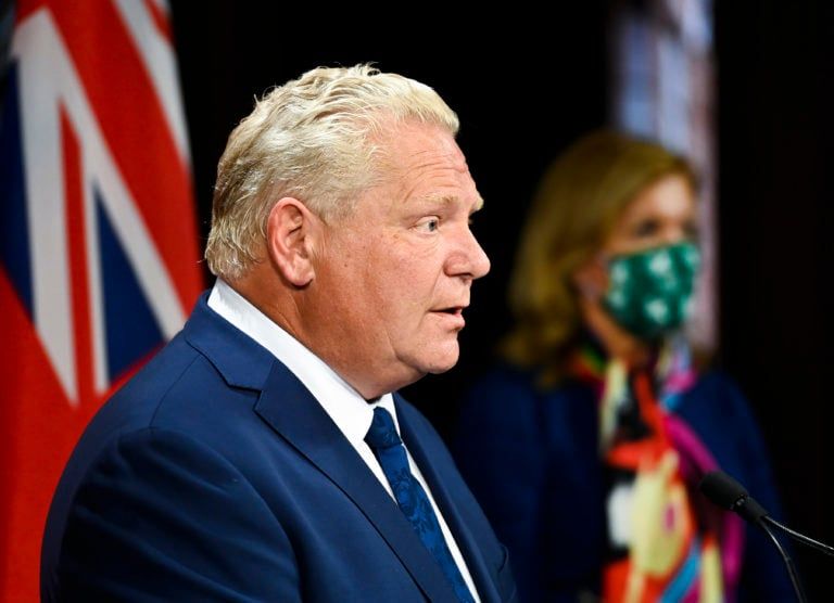 Ontario Premier Doug Ford makes an announcement with Health Minister Christine Elliott during the COVID-19 pandemic in Toronto on Thursday, September 24, 2020. THE CANADIAN PRESS/Nathan Denette