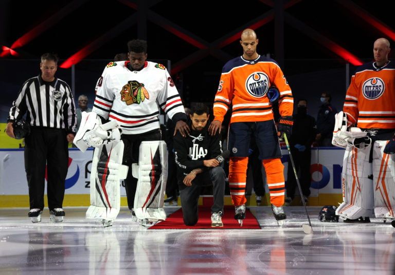 On Aug. 1, Dumba, a Filipino-Canadian player, became the first NHLer to take a knee, with support from Subban (left) and Nurse (Dave Sandford/NHLI/Getty Images)