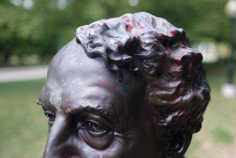 Red paint is still visible on the sculpture of Macdonald at the entrance of The Prime Ministers Path in Wilmot, Ont. (Photograph by Yader Guzman)