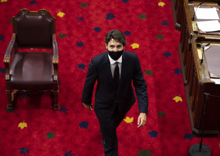 Justin Trudeau, Canada's prime minister, arrives prior to the Throne Speech on Parliament Hill in Ottawa, Ontario, Canada, on Wednesday, Sept. 23, 2020. Trudeau says his government will launch a campaign to create 1 million jobs in Canada, returning employment to pre-pandemic levels. Photographer: Justin Tang/Canadian Press/Bloomberg via Getty Images