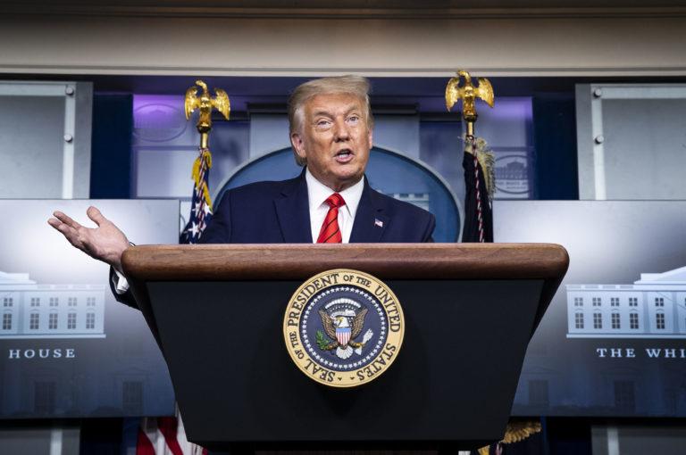 U.S. President Donald Trump speaks during a news conference in the James S. Brady Press Briefing Room at the White House in Washington D.C., U.S., on Monday, Aug. 31, 2020. Trump plans to travel to Kenosha, Wisconsin on Tuesday, where two people were killed last week during protests against the police-involved shooting of a 29-year-old Black man. Photographer: Al Drago/Bloomberg via Getty Images