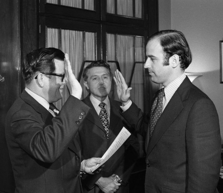 Biden taking his oath at the office of the Secretary of the Senate after his first election to the chamber in 1972. (Bettmann Archive/Getty Images)