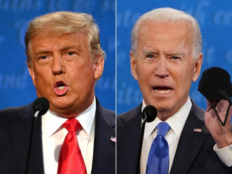 Trump and Biden during the final U.S. presidential debate in Nashville, Tenn. (Jim Watson and Brendan Smialowski/AFP/Getty Images)