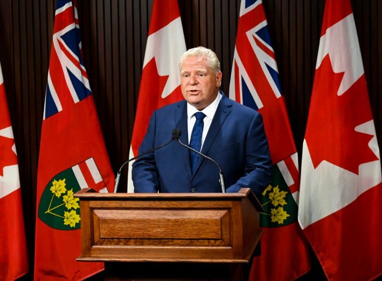 Ontario Premier Doug Ford makes an announcement during the COVID-19 pandemic in Toronto on Thursday, September 24, 2020. THE CANADIAN PRESS/Nathan Denette