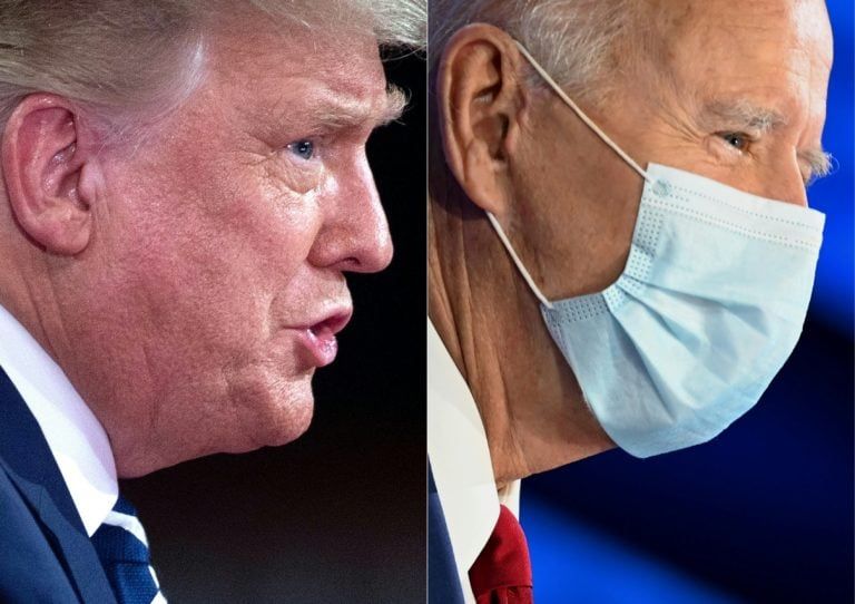 Trump speaks during an NBC News town hall event in Miami, while Biden participates in an ABC News town hall event in Philadelphia on Oct. 15, 2020. (BRENDAN SMIALOWSKI,JIM WATSON/AFP via Getty Images)