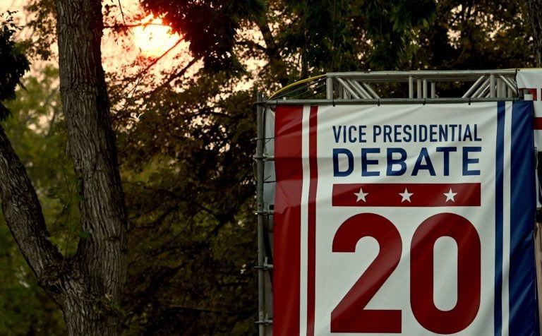 The sun sets near the University of Utah, the site of the first Vice Presidential debate of the US 2020 elections on October 6, 2020 in Salt Lake City, Utah. - Vice President Mike Pence and US Senator Kamala Harris (D-CA) are set to debate on October 7. (Photo by Eric BARADAT / AFP) (Photo by ERIC BARADAT/AFP via Getty Images)