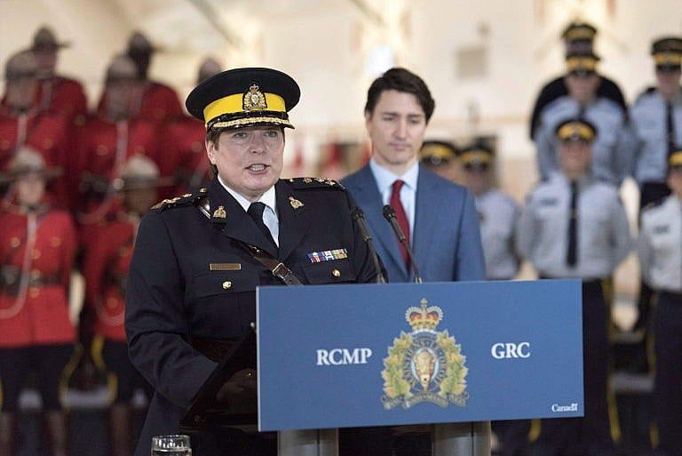 Lucki speaks during a press event at RCMP Depot Division in Regina, Saskatchewan on March 9, 2018(CP/Michael Bell)