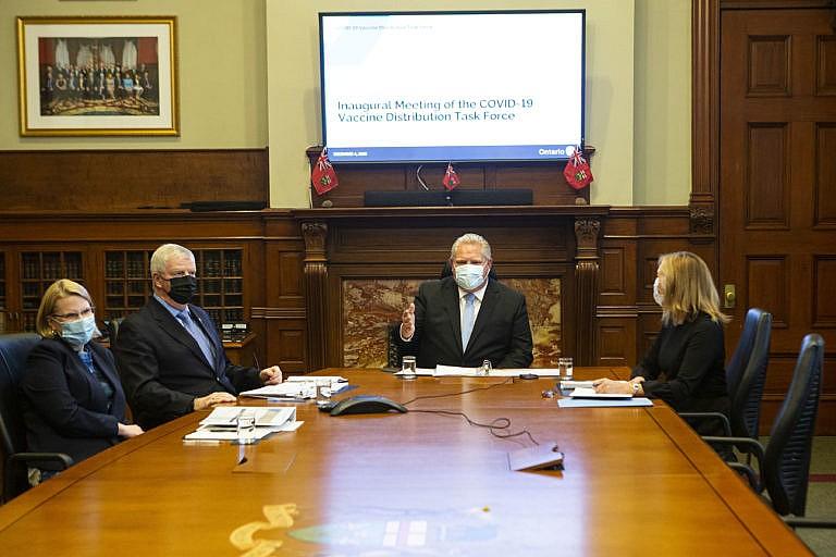 Ford meets with Rick Hillier, chair of the COVID-19 Vaccine Distribution Task Force, Health Minister Christine Elliott (right) and solicitor general Sylvia Jones at Queens Park on Dec. 4, 2020 (CP/Chris Young)