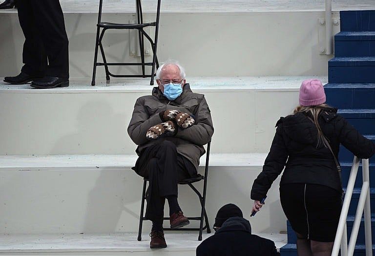 Former presidential candidate, Senator Bernie Sanders (D-Vermont) sits in the bleachers on Capitol Hill before Joe Biden is sworn in as the 46th US President on January 20, 2021, at the US Capitol in Washington, DC. (Photo by Brendan SMIALOWSKI / AFP) (Photo by BRENDAN SMIALOWSKI/AFP via Getty Images)