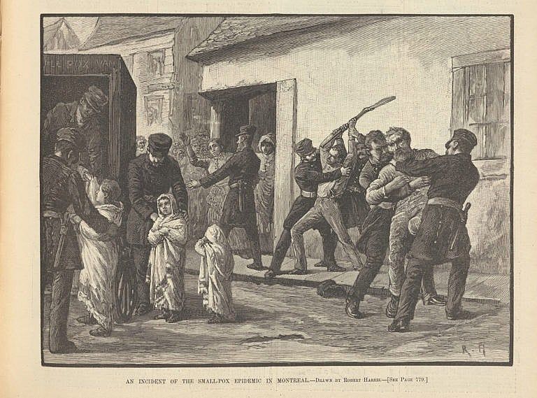 An illustration from Harper’s Weekly, November 28, 1885: “An incident of the smallpox epidemic in Montreal,” by Robert Harris (Courtesy of The New York Public Library)