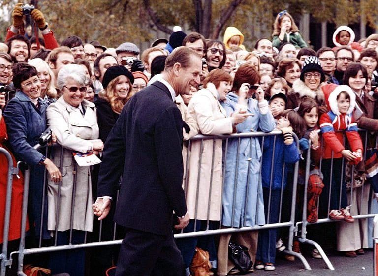 Prince Philip leaves a ceremony at the National War Memorial in Confederation Square in Ottawa on Oct. 15, 1977 (CP)