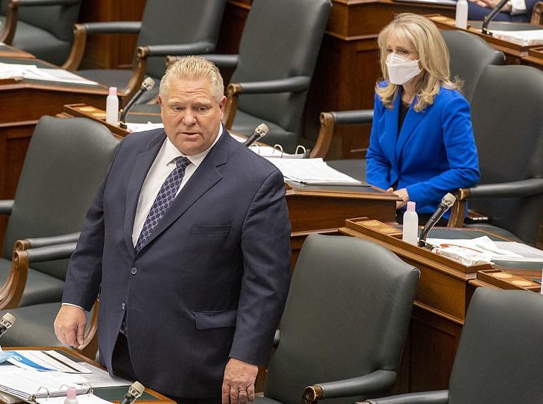 Ontario Long Term Care Minister Merrilee Fullerton and Premier Doug Ford, at Queen’s Park on May 5, 2021 (Frank Gunn/CP)