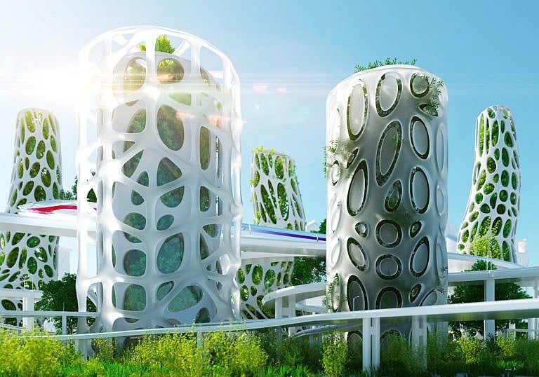 Digital generated image of abstract futuristic buildings with vertical gardens and speed train in between. (Andriy Onufriyenko/Getty Images)