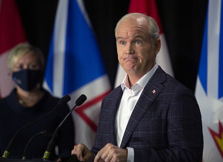O’Toole takes questions from the media during a press conference in downtown St. John's, N.L. on July 26, 2021 (Paul Daly/CP)