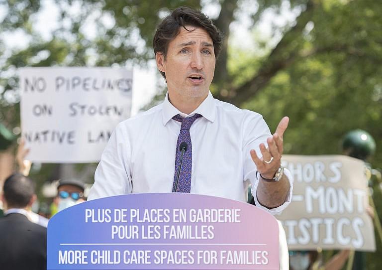 Trudeau speaks during a childcare funding announcement in Montreal on Aug. 5, 2021 (Graham Hughes/CP)