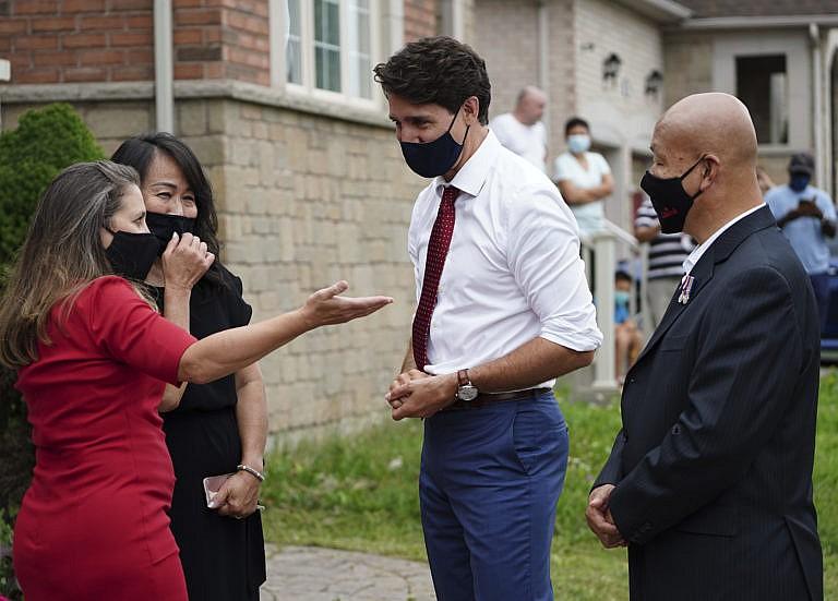 Trudeau and Freeland make a campaign stop in Markham, Ont., on Aug. 17, 2021 (Sean Kilpatrick/CP)