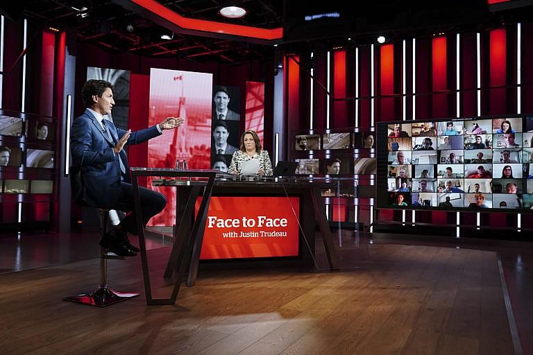 Trudeau prepares to appear on CBC's Face To Face with host Rosemary Barton in Toronto on Sept. 12, 2021 (Sean Kilpatrick/CP)