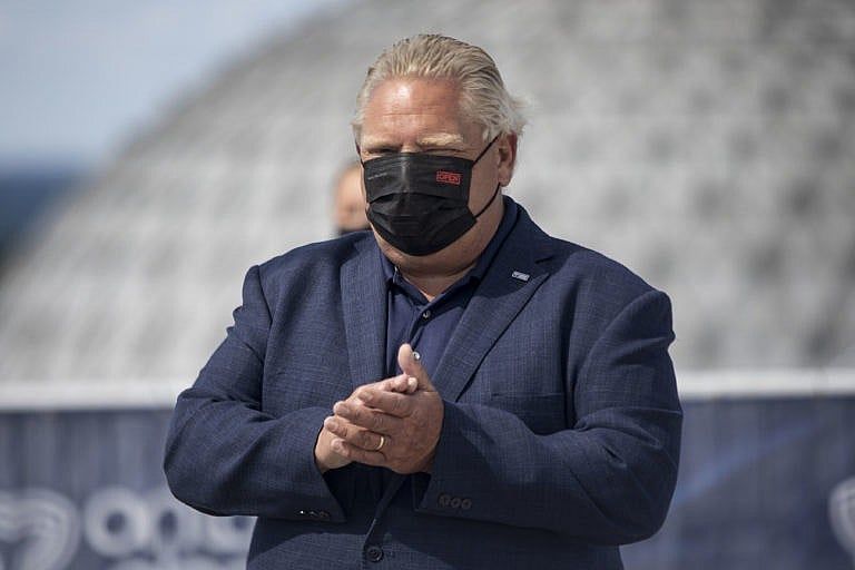 Ontario Premier Doug Ford attends an announcement at Toronto's Ontario Place, on Friday July 30, 2021. Premier Doug Ford announced that three companies; Live Nation, Therme Group and Ecorecreo Group, have been selected to redevelop the Ontario Place theme park on Toronto's waterfront, with plans for year-round attractions including a larger concert venue, pools, gardens and an adventure park. THE CANADIAN PRESS/Chris Young
